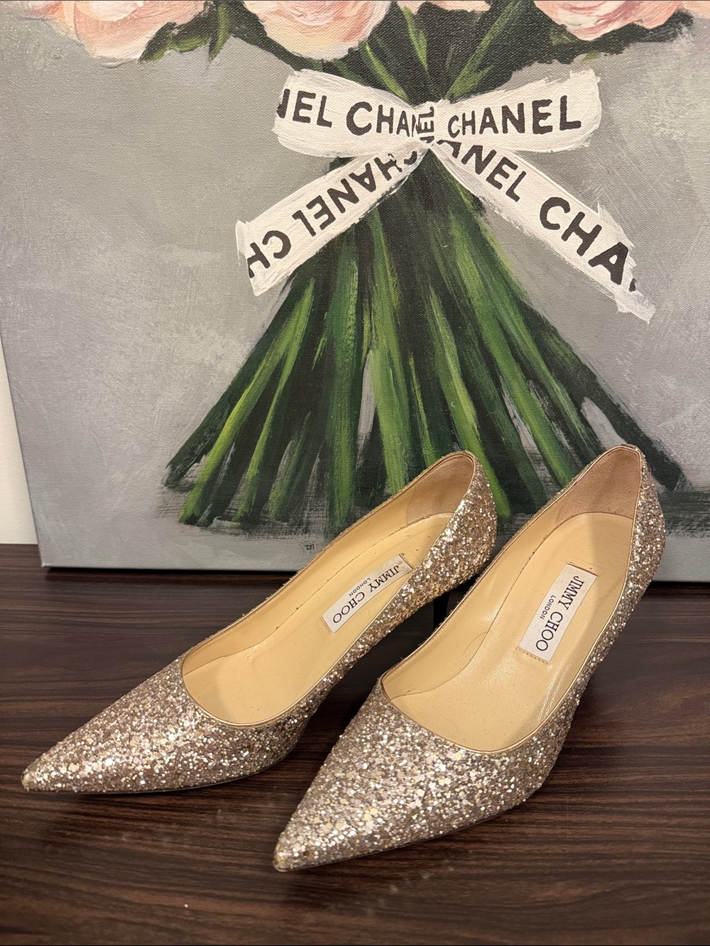 Jimmy Choo Love 60 Gold Coarse Glitter Pointed-Toe Pumps (Champagne Sparkle)